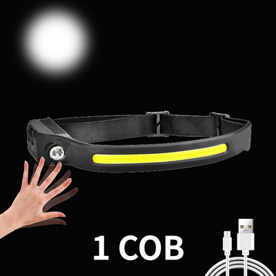 COB+XPE LED čelovka so senzorom, 350lm, nabíjateľná čelovka s USB TYPE-C a vstavanou batériou 18650, predné lampy