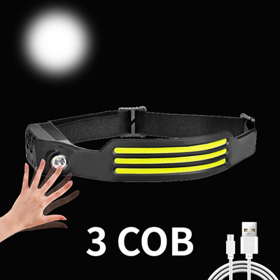 COB+XPE LED čelovka so senzorom, 350lm, nabíjateľná čelovka s USB TYPE-C a vstavanou batériou 18650, predné lampy