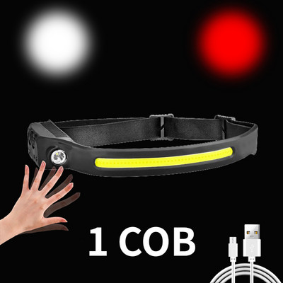 COB+XPE LED čelovka so senzorom, 350lm, nabíjateľná čelovka s USB TYPE-C a vstavanou batériou 18650, predné lampy