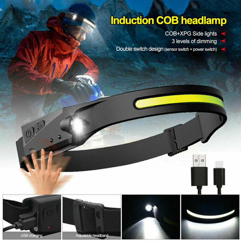 COB LED čelovka so senzorom, vstavaná batéria, USB nabíjateľná čelovka, 5 režimov svietenia, Ceholyd