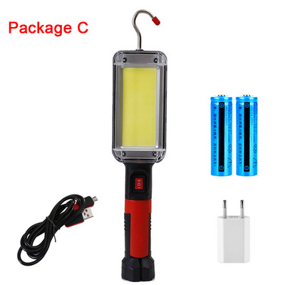 D2 jaudīga LED darba pārnēsājamā gaismas laternas āķa magnēta kempinga lampa COB USB, uzlādējama 18650 — zibspuldzes kabatas lukturītis, ūdensizturīgs