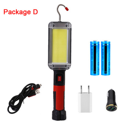 D2 jaudīga LED darba pārnēsājamā gaismas laternas āķa magnēta kempinga lampa COB USB, uzlādējama 18650 — zibspuldzes kabatas lukturītis, ūdensizturīgs