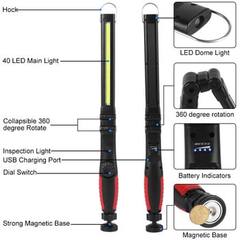 Сгъваем 30W COB LED авариен фенер Интелигентен 3000mAh USB акумулаторна работна светлина 180° Инспекционна лампа 5 режима Къмпинг фенер