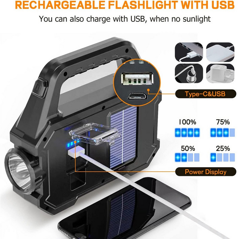 Lanternă solară de mână, reîncărcabilă prin usb, pentru camping, fară de căutare cu LED-uri super-luminoasă, impermeabilă, portabilă, de urgență
