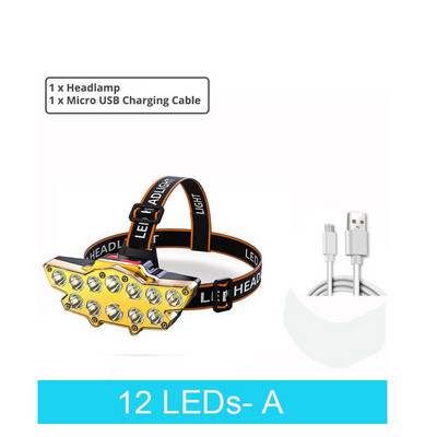 Lampă frontală cu 12 LED-uri, far reîncărcabilă prin USB, lanternă de camping super luminoasă, impermeabilă, pentru pescuit în aer liber, pentru drumeții.