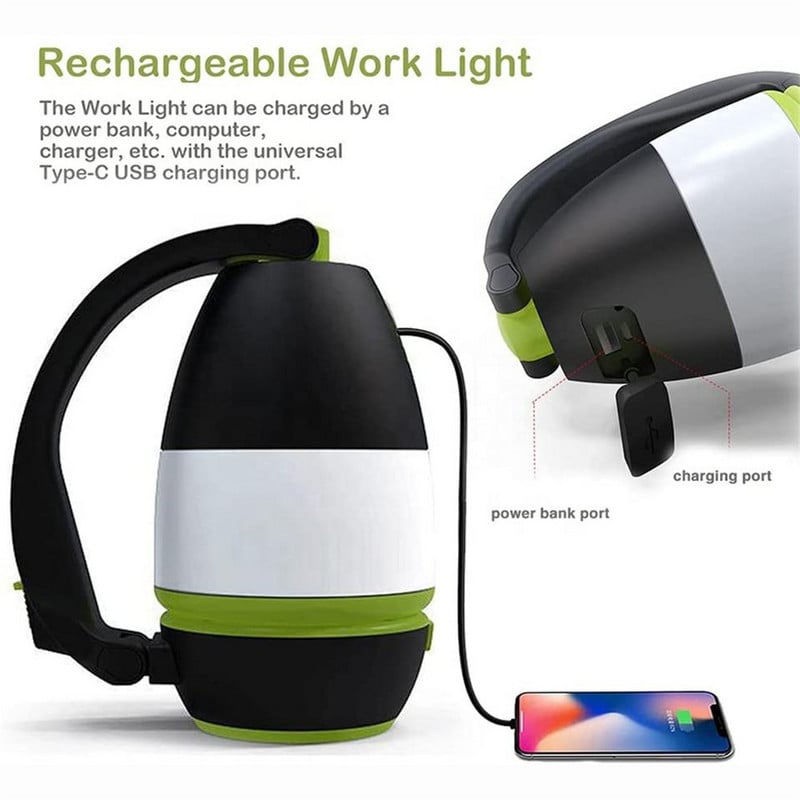 Lampă de camping reîncărcabilă 3 în 1 cu USB, lampă de lectură, lumină de noapte, Power Bank, lanternă portabilă de urgență în aer liber, lanternă cu LED