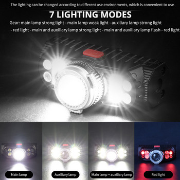 Супер ярък акумулаторен LED челник Супер ярък фар със 7 перли за лампи Водоустойчива светлина за риболов Работна светлина с магнит