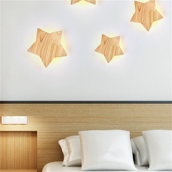 Creative Wood Art Led Star Wall Light 220V Японски и корейски Модерни за домашно обучение Детска стая Спалня Декоративни лампи