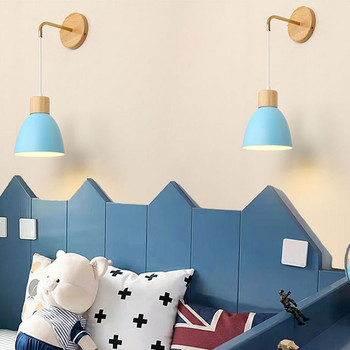 Скандинавска дървена стенна лампа с превключвател Модерен стенен аплиц за спалня Хол Коридор Macaroon E27 Осветление Домашен декор