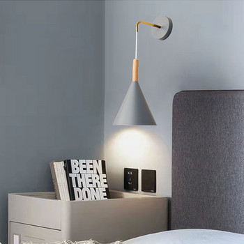 Скандинавска дървена стенна лампа с превключвател Модерен стенен аплиц за спалня Хол Коридор Macaroon E27 Осветление Домашен декор