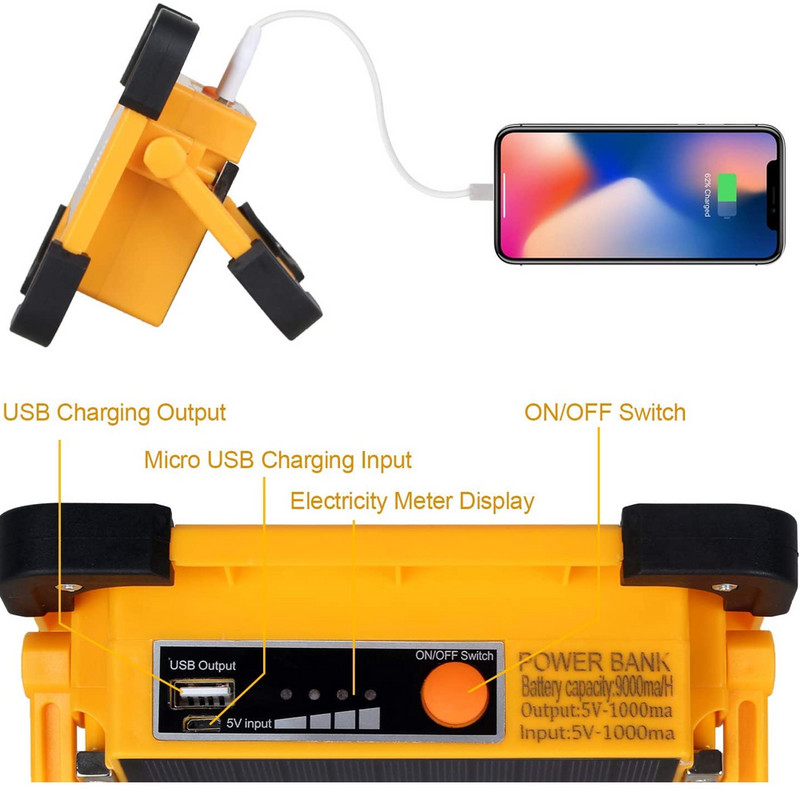 LED saulės darbo lemputė USB įkraunama nešiojama stovyklavimo lempa Powerbank Integruota baterija Prožektorių stovas Magnetinis remonto žibintas