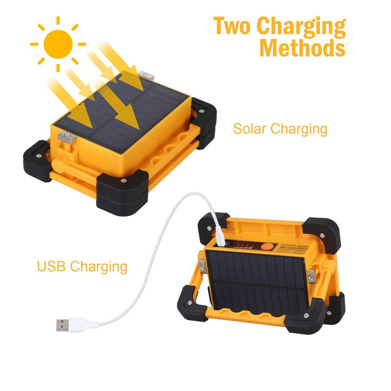 LED saulės darbo lemputė USB įkraunama nešiojama stovyklavimo lempa Powerbank Integruota baterija Prožektorių stovas Magnetinis remonto žibintas