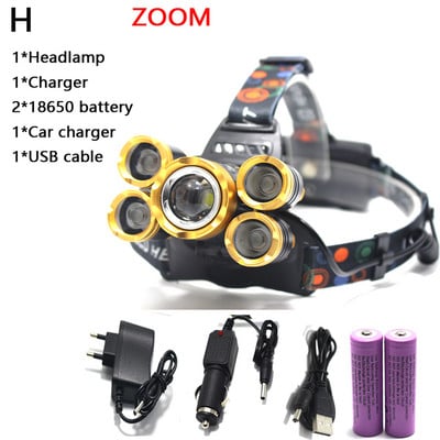 Lanternă de înaltă putere Lampă frontală XM-L T6 LED Lampă frontală pentru exterior Lampă frontală impermeabilă + 2 buc. baterie 18650 + încărcător + USB