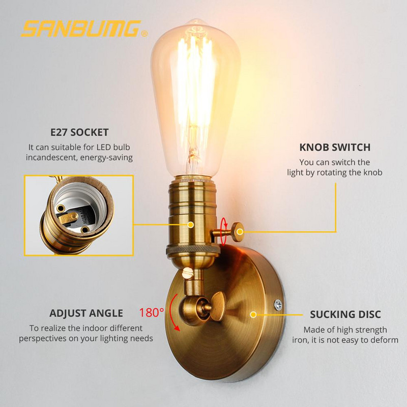 Aplică industrială modernă E27, unghi reglabil, sufragerie, perete din spate, dormitor, oglindă pentru baie, lumină frontală