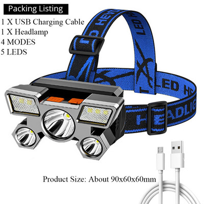 Erőteljes fejlámpa horgászfényszóró Beépített akkumulátoros LED fejlámpa Fejre szerelhető USB újratölthető zseblámpa kempingtúrához