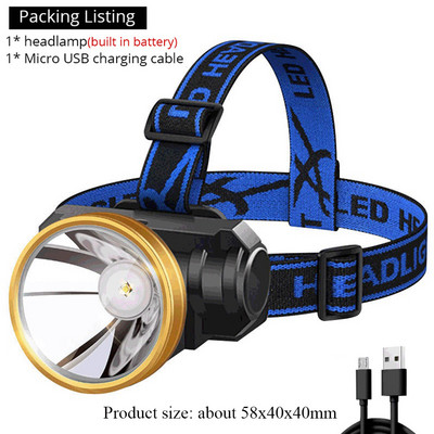 Erőteljes fejlámpa horgászfényszóró Beépített akkumulátoros LED fejlámpa Fejre szerelhető USB újratölthető zseblámpa kempingtúrához