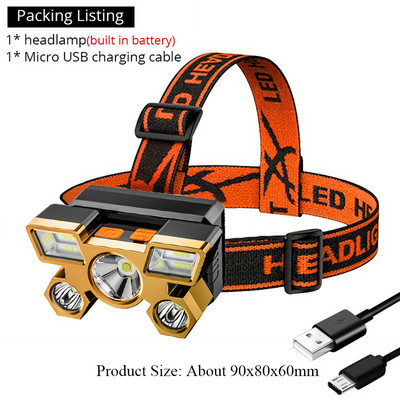 Erőteljes fejlámpa horgászfényszóró Beépített akkumulátoros LED fejlámpa Fejre szerelhető USB újratölthető zseblámpa kempingtúrához