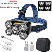 Drop Shipping Jaudīgs 5 LED galvenais lukturis ar iebūvētu 18650 bateriju, USB uzlādējamu pārnēsājamu kabatas lukturīša laternu āra priekšējo lukturi
