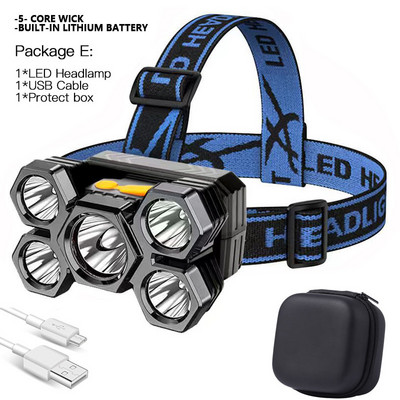 Drop Shipping Jaudīgs 5 LED galvenais lukturis ar iebūvētu 18650 bateriju, USB uzlādējamu pārnēsājamu kabatas lukturīša laternu āra priekšējo lukturi