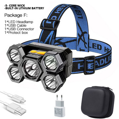 Drop Shipping Jaudīgs 5 LED galvenais lukturis ar iebūvētu 18650 bateriju, USB uzlādējamu pārnēsājamu kabatas lukturīša laternu āra priekšējo lukturi