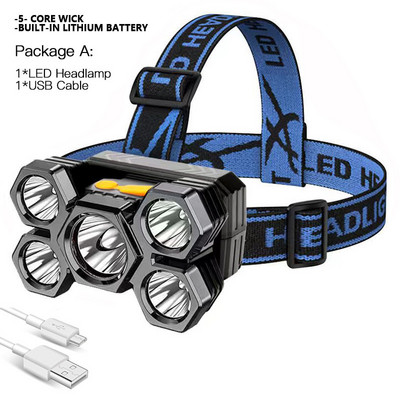 Drop Shipping Jaudīgs 5 LED galvenais lukturis ar iebūvētu 18650 bateriju, USB uzlādējamu pārnēsājamu kabatas lukturīša laternu āra priekšējo lukturi