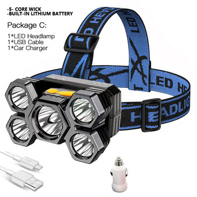 Drop Shipping Jaudīgs 5 LED galvenais lukturis ar iebūvētu 18650 bateriju, USB uzlādējamu pārnēsājamu kabatas lukturīša laternu āra priekšējo lukturi