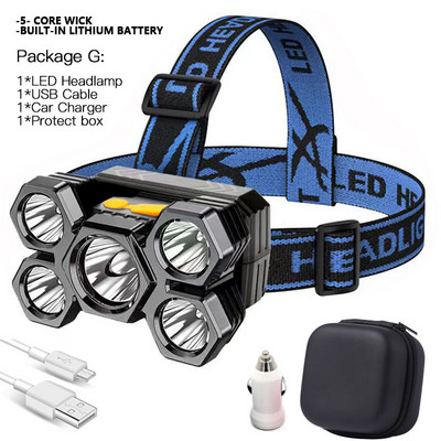 Drop Shipping Jaudīgs 5 LED galvenais lukturis ar iebūvētu 18650 bateriju, USB uzlādējamu pārnēsājamu kabatas lukturīša laternu āra priekšējo lukturi