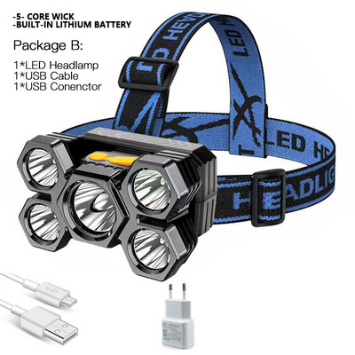 Drop Shipping Jaudīgs 5 LED galvenais lukturis ar iebūvētu 18650 bateriju, USB uzlādējamu pārnēsājamu kabatas lukturīša laternu āra priekšējo lukturi