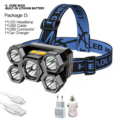 Drop Shipping Jaudīgs 5 LED galvenais lukturis ar iebūvētu 18650 bateriju, USB uzlādējamu pārnēsājamu kabatas lukturīša laternu āra priekšējo lukturi