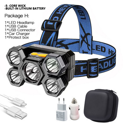 Drop Shipping Jaudīgs 5 LED galvenais lukturis ar iebūvētu 18650 bateriju, USB uzlādējamu pārnēsājamu kabatas lukturīša laternu āra priekšējo lukturi