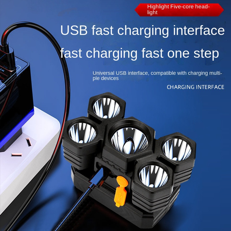 Drop Shipping Jaudīgs 5 LED galvenais lukturis ar iebūvētu 18650 bateriju, USB uzlādējamu pārnēsājamu kabatas lukturīša laternu āra priekšējo lukturi