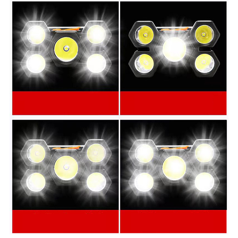 Drop Shipping Jaudīgs 5 LED galvenais lukturis ar iebūvētu 18650 bateriju, USB uzlādējamu pārnēsājamu kabatas lukturīša laternu āra priekšējo lukturi