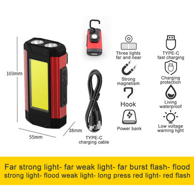 2200 lumeni Camping în aer liber COB lumină de lucru USB lampă reîncărcabilă de lungă durată Lanternă cu LED Lanternă portabilă Lanternă Power Bank