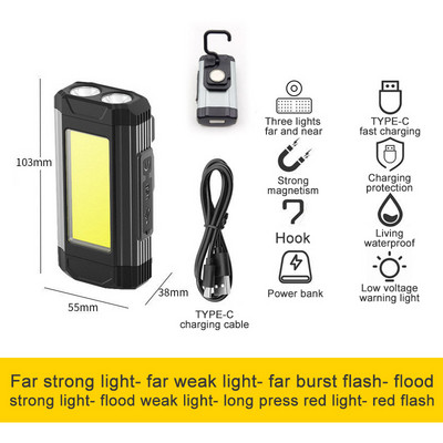 2200 lumeni Camping în aer liber COB lumină de lucru USB lampă reîncărcabilă de lungă durată Lanternă cu LED Lanternă portabilă Lanternă Power Bank