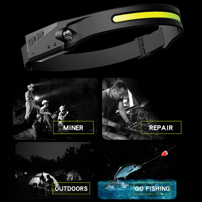 USB újratölthető COB fényszóró szenzoros reflektorral Fényszóró COB+XPE 3 világítási mód Alkalmas túrázáshoz, expedícióhoz stb.