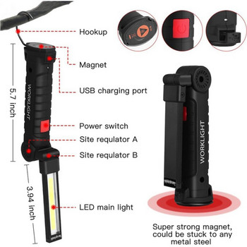 Ново въртящо се на 360° COB LED фенерче Работна светлина USB акумулаторна кука за фенерче Преносима светлина Къмпинг Лампа за ремонт на автомобили с магнит