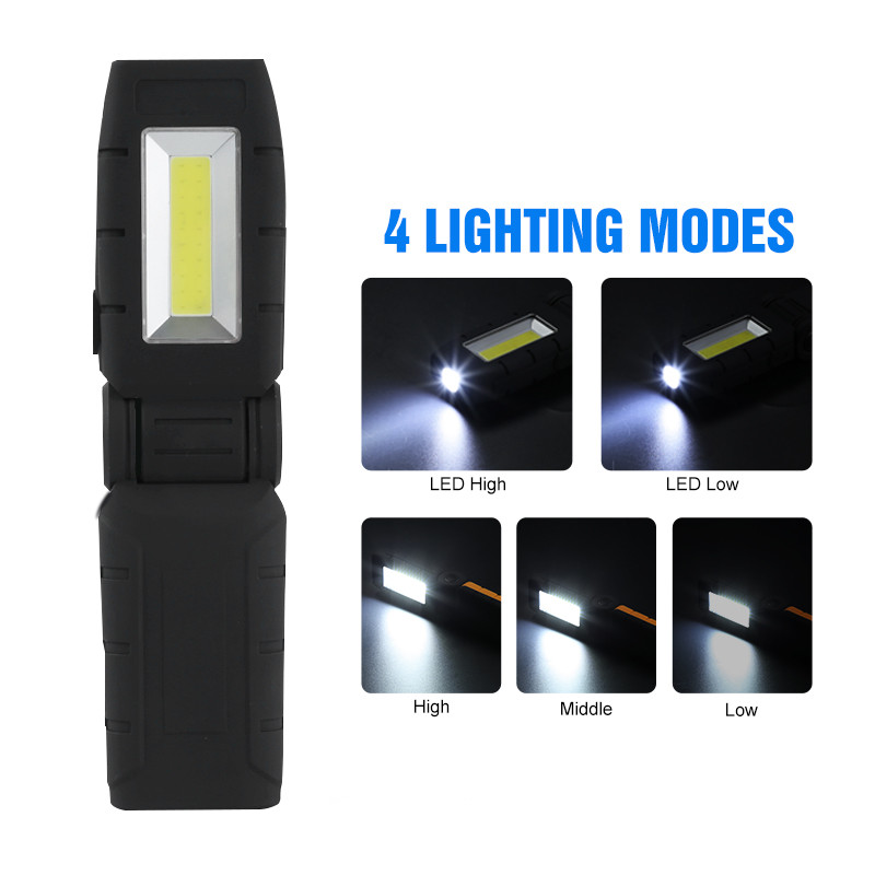 LED-es újratölthető mágneses munkalámpa hordozható COB 4 világítási módok ellenőrző lámpák összecsukható munkalámpák kültéri autójavításhoz