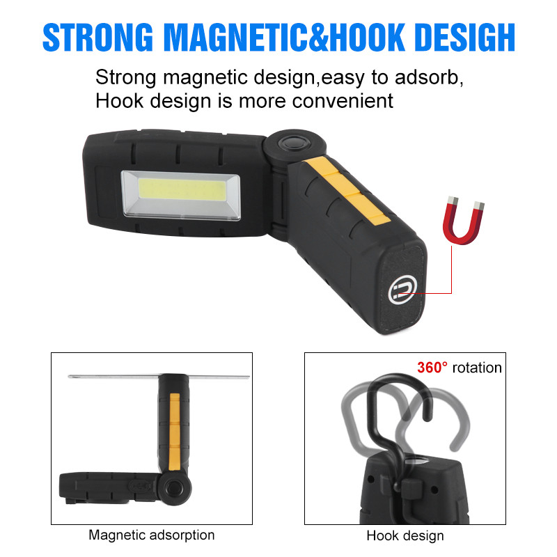 LED-es újratölthető mágneses munkalámpa hordozható COB 4 világítási módok ellenőrző lámpák összecsukható munkalámpák kültéri autójavításhoz