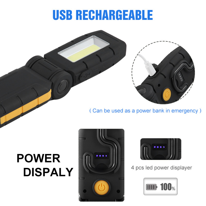 LED-es újratölthető mágneses munkalámpa hordozható COB 4 világítási módok ellenőrző lámpák összecsukható munkalámpák kültéri autójavításhoz