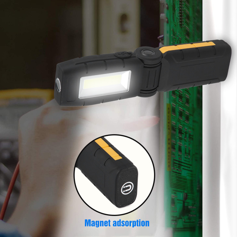 LED-es újratölthető mágneses munkalámpa hordozható COB 4 világítási módok ellenőrző lámpák összecsukható munkalámpák kültéri autójavításhoz
