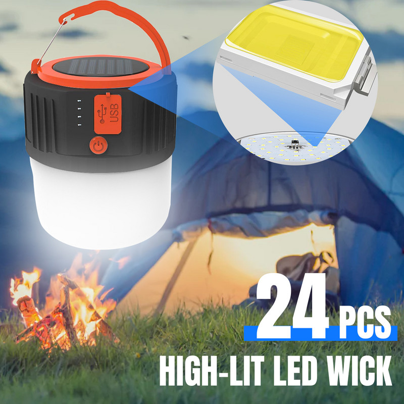 2 pachete de lumină solară de camping LED, reîncărcabilă prin USB, lampă pentru cort, impermeabilă, 5 moduri, lanternă în aer liber pentru drumeții camping