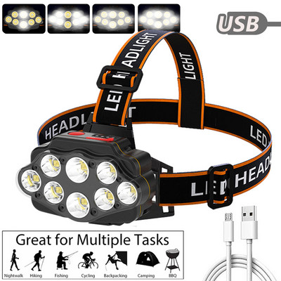 8 LED priekšējais lukturis uzlādējams jaudīgs LED priekšējais lukturis galvas LED gaisma Pārnēsājams priekšējais lukturis USB zibspuldze 2400mAh LED galvas lukturītis