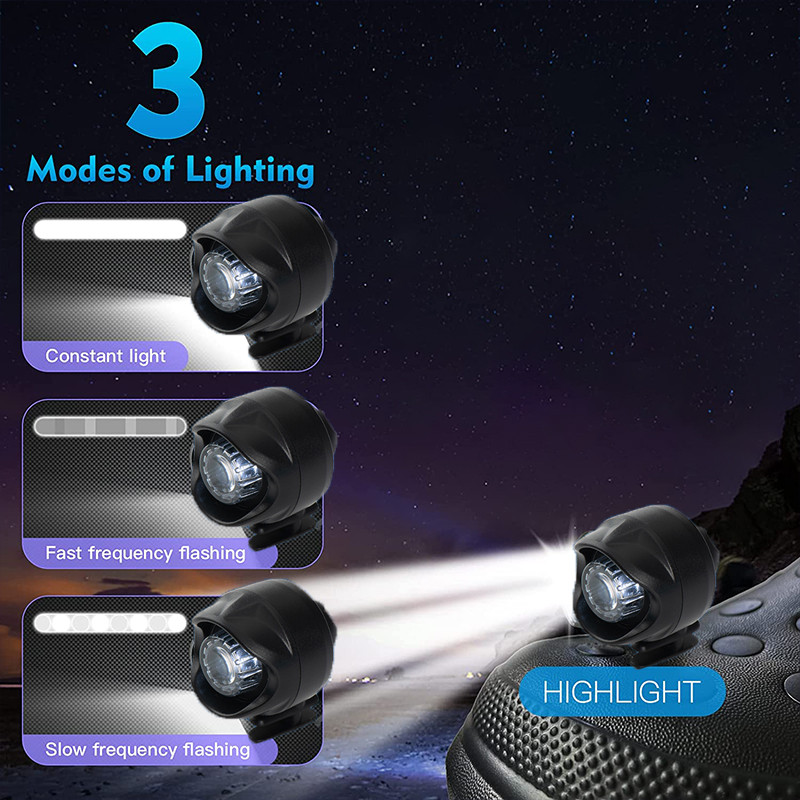 2 vnt priekiniai žibintai, skirti Croc lengviems vandeniui atspariems batams Šviesos žavesiai šviečia 72 valandas tamsoje, vedžioti šunis, patogiam stovyklavimui