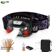 Lanternă puternică, reîncărcabilă prin USB, far cu LED-uri, cu senzor de mișcare, pentru cap, lanternă încorporată cu litiu, lampă pentru lanternă