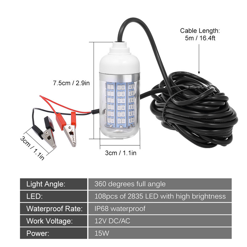 12V 15W Pescuit subacvatic Atrage Lumină Lampă LED Sistem de găsire a peștilor Lumină cu cablu de alimentare de 30 ft și clemă pentru baterie