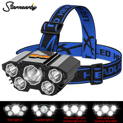 5 LED priekšējais lukturis, spēcīgs gaisma, īpaši spilgts USB uzlādējams makšķerēšanas galvas lukturis, uz galvas piestiprināts lukturītis ar iebūvētu akumulatoru galvenais lukturis