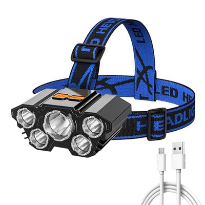 Faruri cu 5 LED-uri Lumină puternică, super-luminoasă, reîncărcabilă prin USB, pentru cap de pescuit, lanternă montată pe cap, far cu baterie încorporată