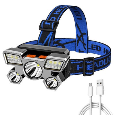 Faruri cu 5 LED-uri Lumină puternică, super-luminoasă, reîncărcabilă prin USB, pentru cap de pescuit, lanternă montată pe cap, far cu baterie încorporată