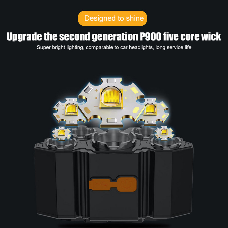 Faruri cu 5 LED-uri Lumină puternică, super-luminoasă, reîncărcabilă prin USB, pentru cap de pescuit, lanternă montată pe cap, far cu baterie încorporată