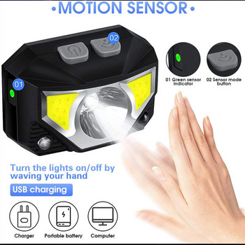 8 режима Сензор за движение LED фарове Работна светлина USB акумулаторна фенерче за челник Водоустойчиви фенерчета за къмпинг туризъм